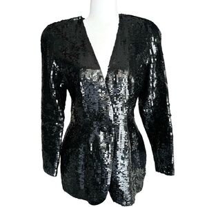 Oleg Cassini Blazer Sequin Black Tie Silk Jacket Womens